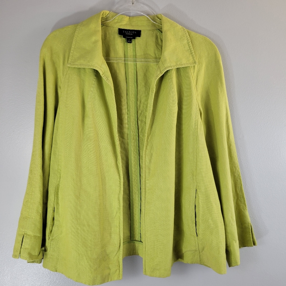 TALBOTS pure Irish linen chartreuse open front breathable unstructured jacket